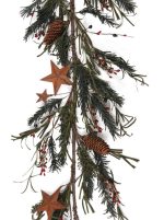 EV-37G - Christmas garland with green pine and cones, rusty stars, and red berries