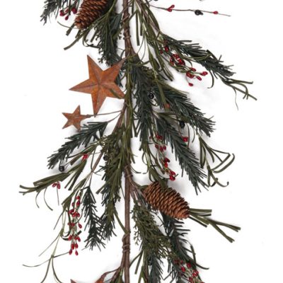 EV-37G - Christmas garland with green pine and cones, rusty stars, and red berries