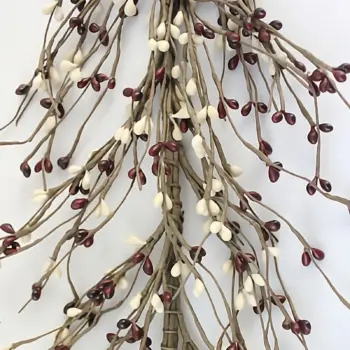 Burgundy and cream pip berry garland for farmhouse, primitive country, fall, and Thanksgiving decorating