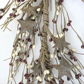 Cream and burgundy pip berry garland with rusty stars for primitive farmhouse and country home decor