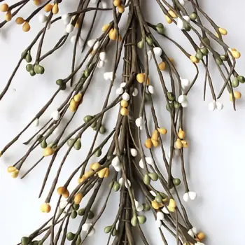 Primitive pip berry garland in green, yellow, and white colors, 5-foot artificial farmhouse decoration