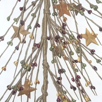 Mustard burgundy and green pip berry garland with rusty metal stars for primitive farmhouse and country home decor