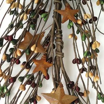 Mustard burgundy and green pip berry garland with rusty metal stars for primitive farmhouse and country home decor