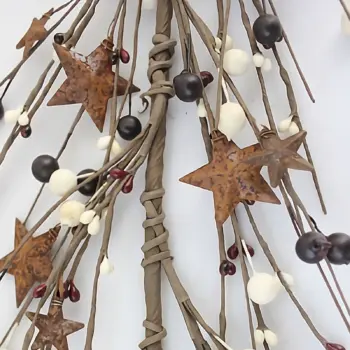 Burgundy and cream pip berry garland with rusty stars for primitive farmhouse, country, and rustic home decor