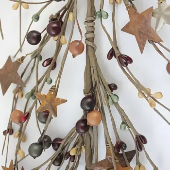 Green mustard and burgundy pip berry garland with rusty stars for primitive farmhouse and country home decor