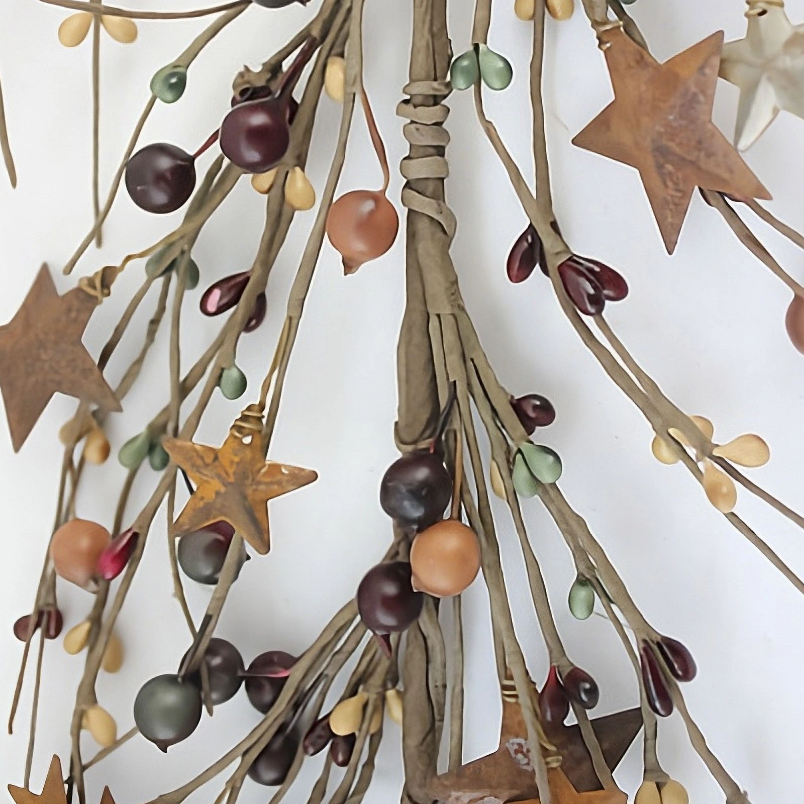 Green, Mustard, and Burgundy Berry Garland with Rusty Stars | EV-107N 1 Green mustard and burgundy pip berry garland with rusty stars for primitive farmhouse and country home decor