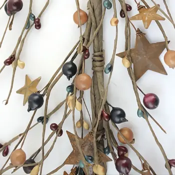 Primitive mustard burgundy and blue pip berry garland with rusty stars for farmhouse and country home décor
