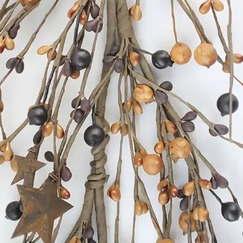 Purple and mustard pip berry garland with rustic rusty star accents, handmade primitive farmhouse decorative garland