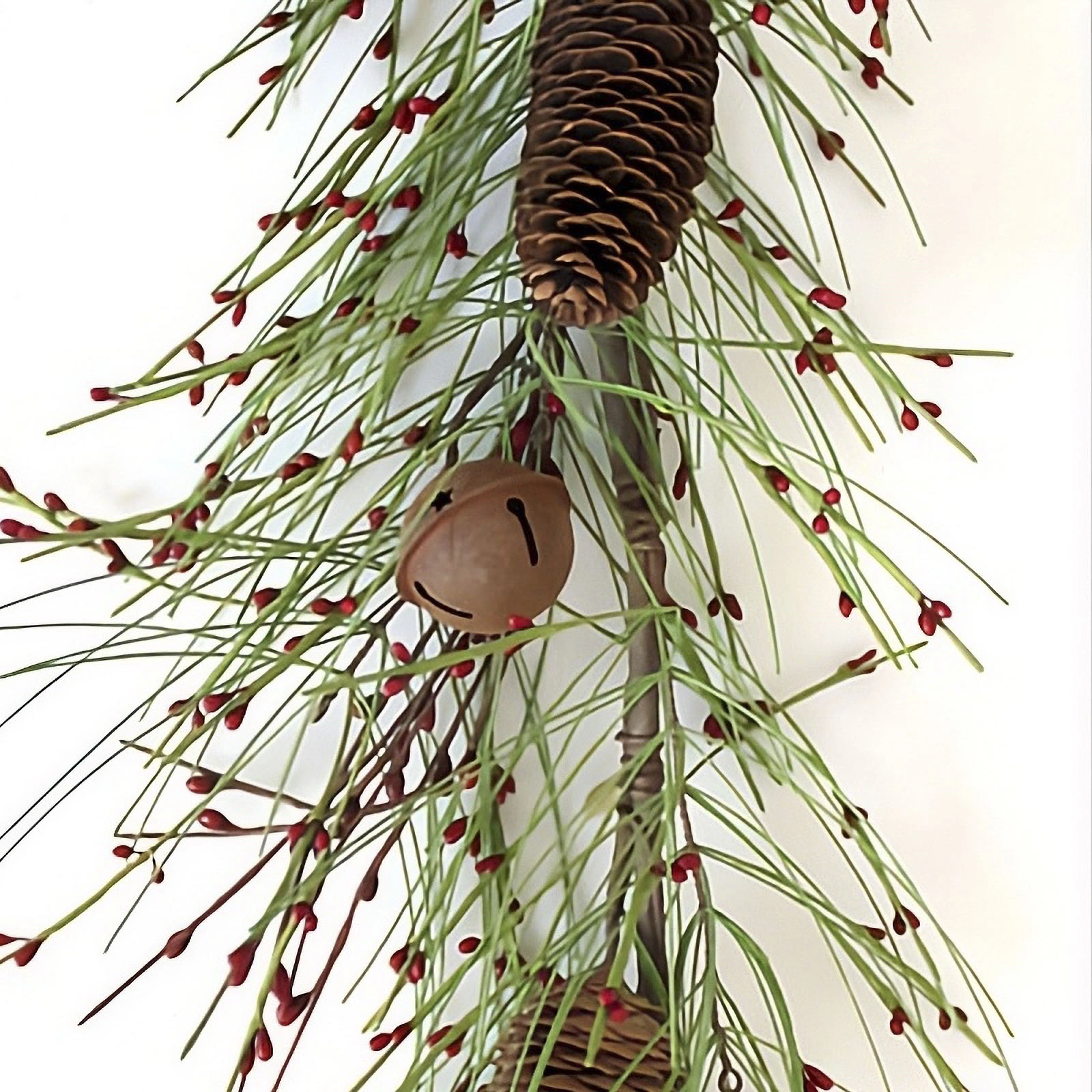 Garland with Green Pine, Cones, Red Berries and Jingle Bells | EV-118N 1 Christmas garland with green pine branches, red berries, pine cones, and jingle bells for rustic holiday decoration
