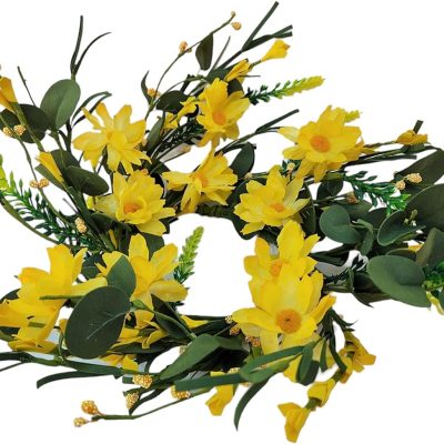 EV-869R-4 4.5” Artificial Silk Yellow Daisy and Foliage Candle Ring