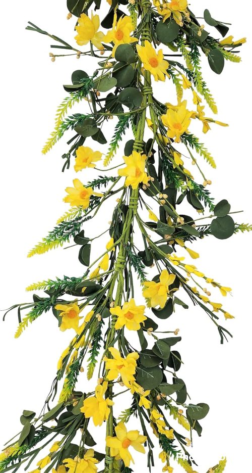 EV-869G Artificial Faux Silk Yellow Daisy and Foliage Garland