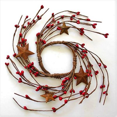 EV-201N 2.5" Red Primitive Holly Berries Candle Rings with Rusty Stars