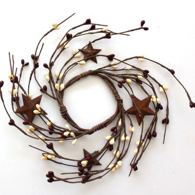 EV-213N 2.5" Primitive Pip Berry Candle Ring with Rusty Stars in Burgundy and Cream Color
