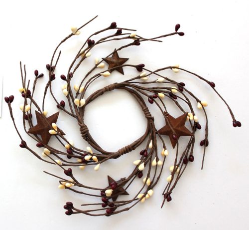 EV-213N 2.5" Primitive Pip Berry Candle Ring with Rusty Stars in Burgundy and Cream Color