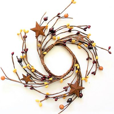 Red, Burgundy & Mustard Primitive Holly Berries Candle Rings with Rusty Stars