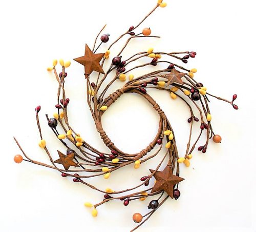 Red, Burgundy & Mustard Primitive Holly Berries Candle Rings with Rusty Stars