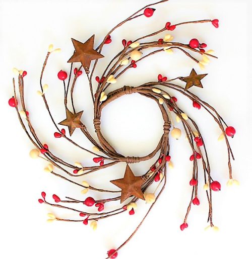 EV-228N 2.5" Creamy & Red Primitive Holly Berries Candle Rings with Rusty Stars