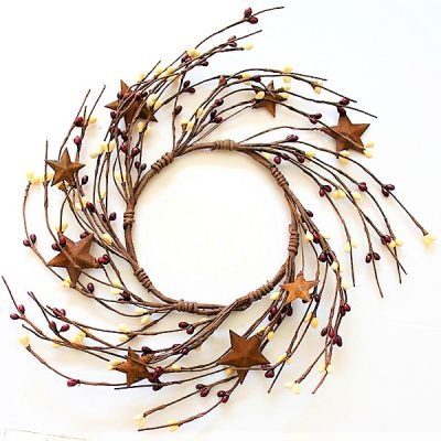 EV-317N 4.5" Primitive Pip Berry Candle Ring with Rusty Stars in Burgundy & Creamy Color