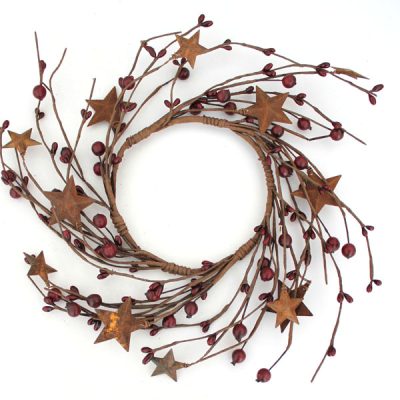 EV-404N 4.5" Primitive Pip Berry Candle Ring with Rusty Stars in Burgundy Color