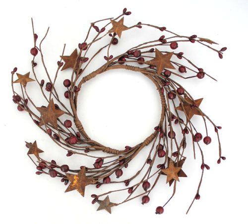 EV-404N 4.5" Primitive Pip Berry Candle Ring with Rusty Stars in Burgundy Color