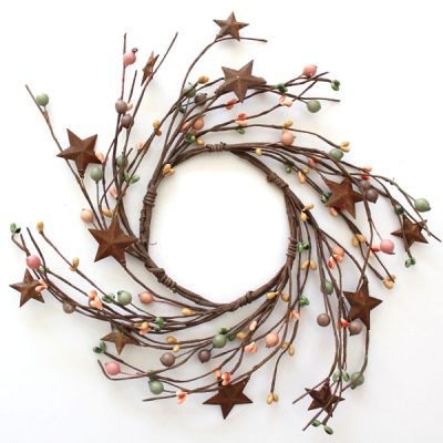 EV-415N 4.5" Primitive Berries Candle Ring with Rusty Stars in Peach, Mustard & Green Color