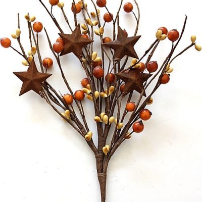EV-606N 18" Mustard Yellow Brown Holly Berries Pick with Rusty Stars