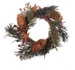 EV-37R-4 4" Pine Cones and Red Primitive Holly Berries Candle Rings with Rusty Stars