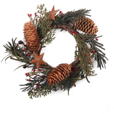 EV-37R-4 4" Pine Cones and Red Primitive Holly Berries Candle Rings with Rusty Stars